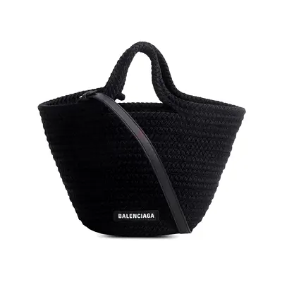 Authentic Balenciaga Black Lambskin Woven Small Ibiza Basket