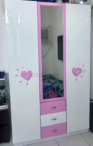 White and Pink 3-Door Wardrobe with Mirror and Drawers