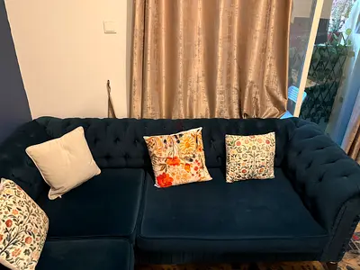 Dark Blue Tufted 6-Seater Sofa in Good Condition with 1 seater