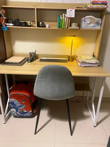 Compact study desk with shelving and upholstered chair - Send your offer