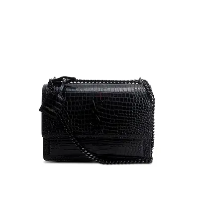Authentic Saint Laurent 2021 Black Croc Embossed Calfskin Monochrome Medium Sunset Bag