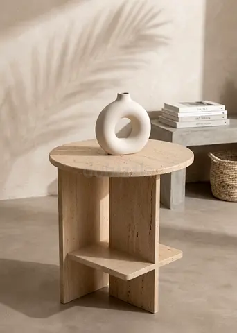 Round Unfilled Travertine Side Table with Cross Shelf - Natural Stone