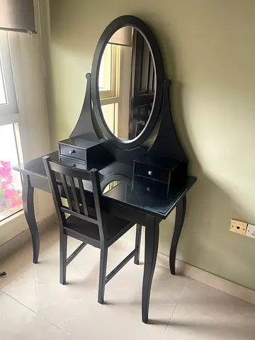 Black Wooden Dressing Table with Mirror and Stool - Good Condition