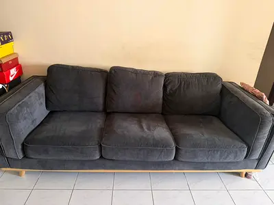 3-Seater Dark Grey Fabric Sofa with Wooden Legs - Good Condition