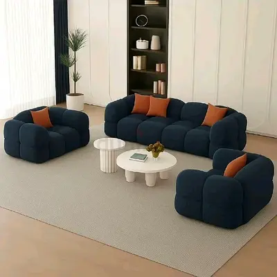 Modern Navy Tufted 3-Seater Sofa with Two Armchairs Set