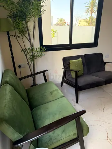 Set of 2 Wooden Frame Sofas (Green + Charcoal) - Good Condition