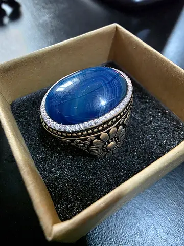 Silver Ring with Large Blue Agate Stone - عقيق ازرق صياغه عارف