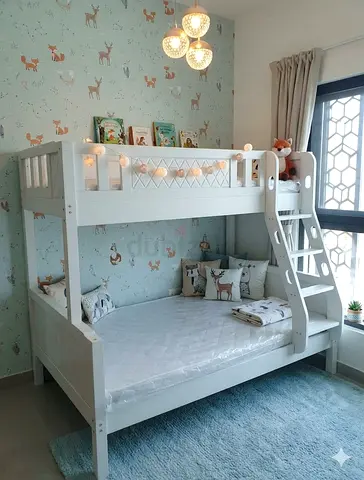 White Wooden Bunk Bed (Twin over Full) with Ladder - Good Condition