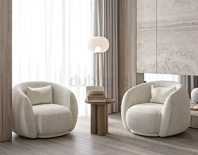 Pair of Modern Bouclé Swivel Lounge Chairs - Cream