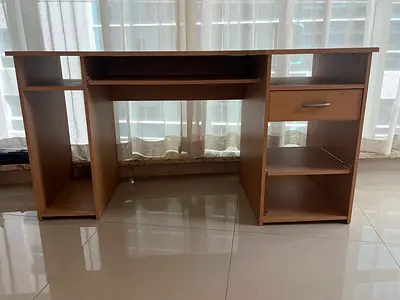 Beige Wooden Computer Desk with Drawer and Keyboard Tray
