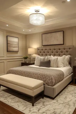 Queen upholstered bed with headboard and bench — neutral bedroom set