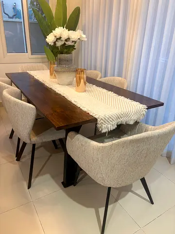 Solid Wood Dining Table with 6 Upholstered Chairs - Modern Set