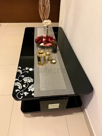 Black Glass Console Table with Floral Inlay and Shelf