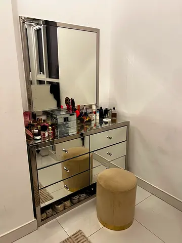 Mirrored Dresser with Large Mirror and Velvet Stool - Good Condition
