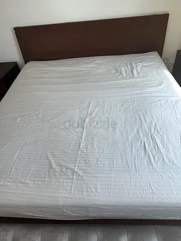 IKEA DARK BROWN WOOD KING SIZE BED + MATTRESS WITH headboard -