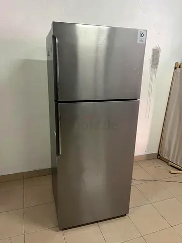 A refrigerator from the Electrolux brand with a modern design and silver color.