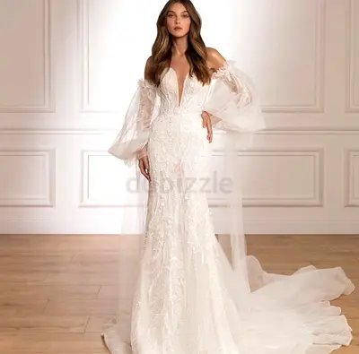White off-shoulder bridal gown with puff tulle sleeves, size 38 , Designer: Royaldi official