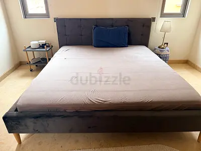 Queen-size upholstered bed frame with padded headboard - dark grey (including mattress)