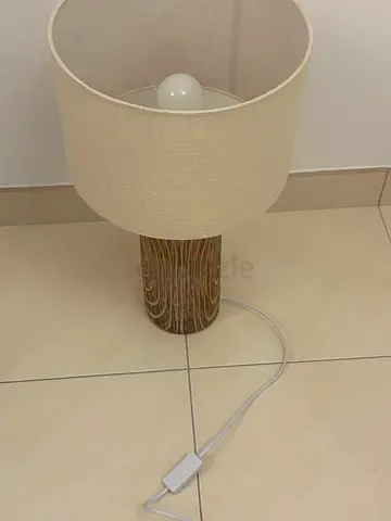 Small Wooden Base Table Lamp with Beige Drum Shade