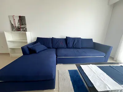 Large Navy L-shaped Sofa - Good Condition