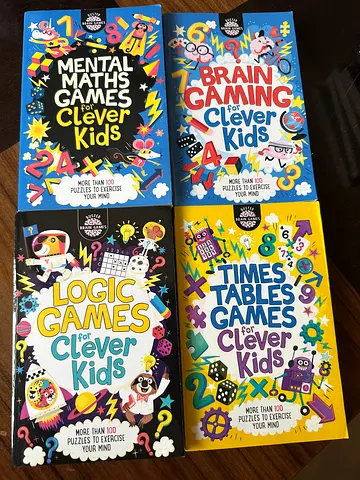 Pack of 4 ‘Clever Kids’ Activity Books — Brain Training, Times Tables, Mental Games, Logic Games