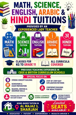 MATH, SCIENCE, ENGLISH, ARABIC  HINDI TUITIONS KG1 to Grade 12