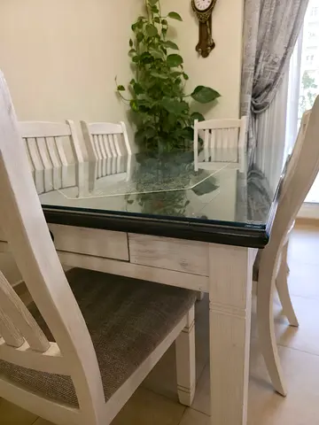 White Wooden Dining Table with Glass Top and 4 Chairs - Light Grey Cushions