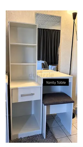 White Vanity Table with Shelves and Stool - Good Condition