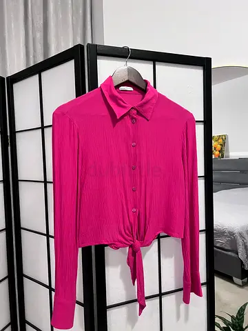 Bershka Fuchsia Long-Sleeve Crop Top with Tie front  - Size XS