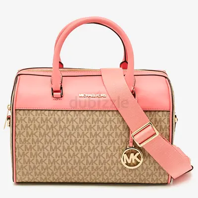 Authenic Michael Kors Signature Logo Satchel Bag with Pink Trim and Detachable Strap