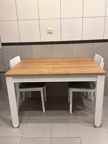 Solid Wood Dining Table with 4 Chairs — White Legs, Natural Top