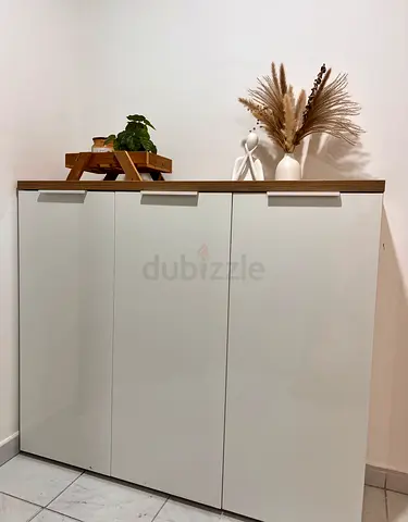 Modern White Shoe Cabinet with Wooden Top – Like New