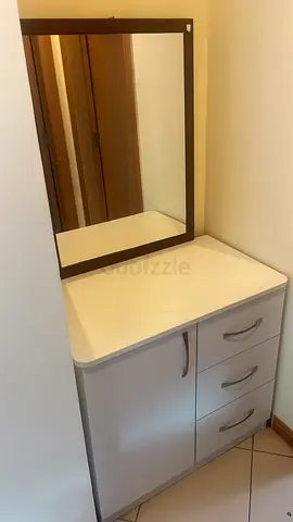 White bedroom dresser with mirror and 3-drawer storage (good condition)