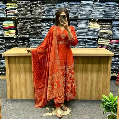 Orange Anarkali 3-Piece Set Dress