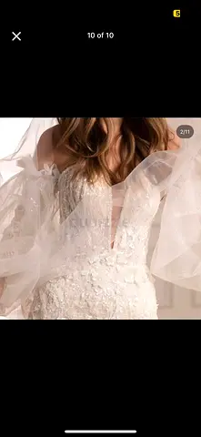 White off-shoulder bridal gown with puff tulle sleeves, size 38 , Designer: Royaldi official