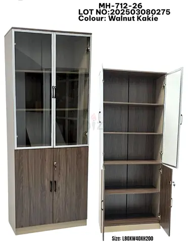 Tall Walnut Office Cabinet with Glass Doors - 80x40x200 cm