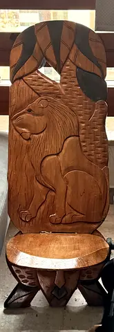 Vintage African Palaver Chair with Lion Carving – Wooden Chief’s Throne
