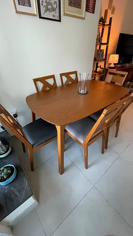 Solid Wood 6-Seater Dining Table with Cushioned Chairs