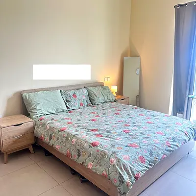 Queen wooden bed frame with mattress and two bedside tables - good condition