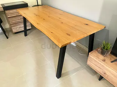 Solid Wood Dining/Work Table with Black Metal Legs - Natural Finish