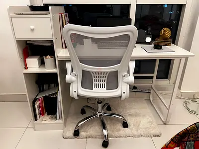 White IKEA table with white ergonomic mesh office chair (good condition)