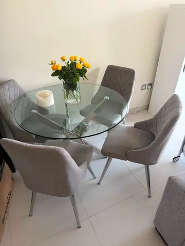 Glass Round Dining Table with 4 Upholstered Chairs - Light Grey