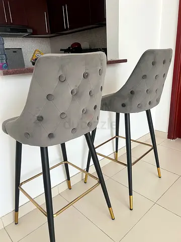 Set of 2 Grey Tufted Bar Stools with Gold Accents
