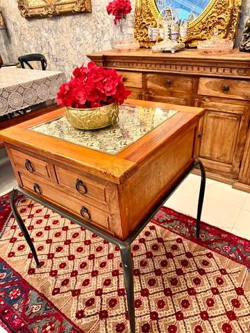 Solid Wood Side Table with Decorative Tile Top and Drawers