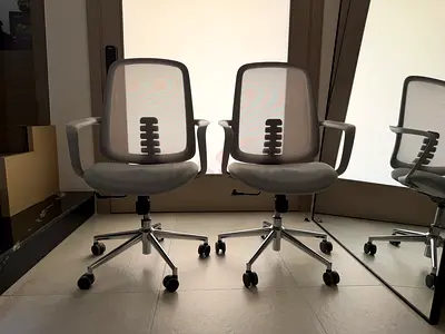 Set of 2 ergonomic mesh office chairs, white/grey, on wheels