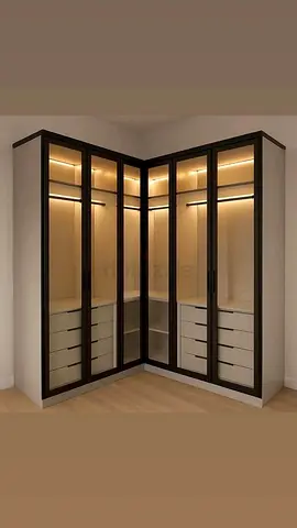 Custom L-shaped Corner Wardrobe with Glass Doors and LED Lighting