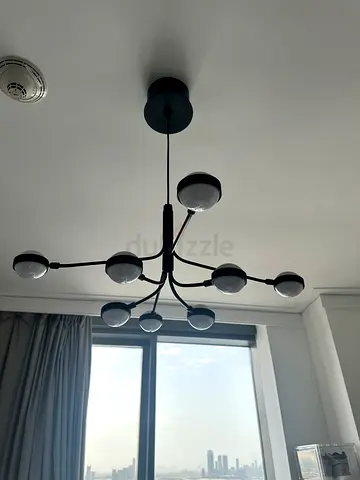 Modern 8-light black chandelier, minimalist design, adjustable light color, excellent condition.