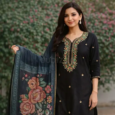 Black Embroidered 3-Piece Set Dress