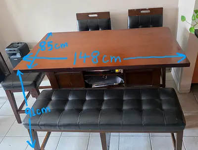 Solid Wood Dining Table with Bench and 2 Chairs 1 stool - 148cm