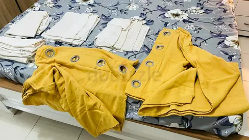 Set of yellow eyelet curtains (pair) with white sheers